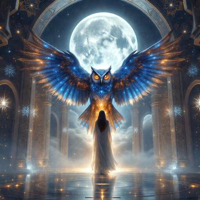 Primary subject: A woman standing in front of a blue owl.

Setting/background: The woman is standing in front of a large blue owl, which is positioned in front of a moon. The scene is set in a room with a starry background.

Visual style: The image is a digital artwork.

Colors and mood: The dominant colors are blue and white, with a starry background adding a sense of wonder and magic to the scene. The overall atmosphere is serene and enchant